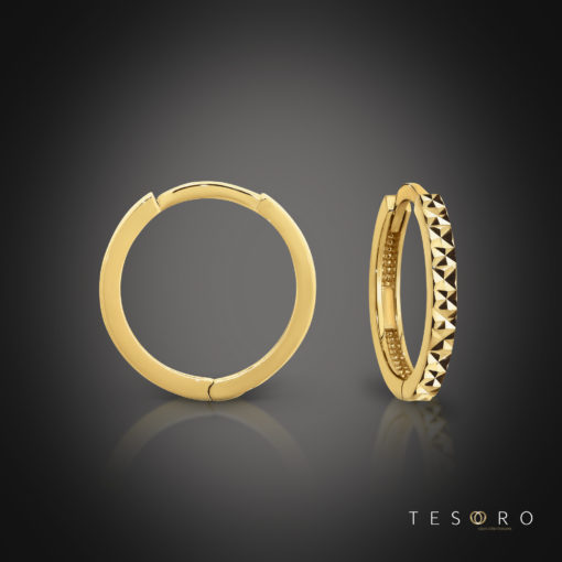 Tesoro Biella Yellow Gold Huggie Earrings Featuring Diamond Cut Frontage